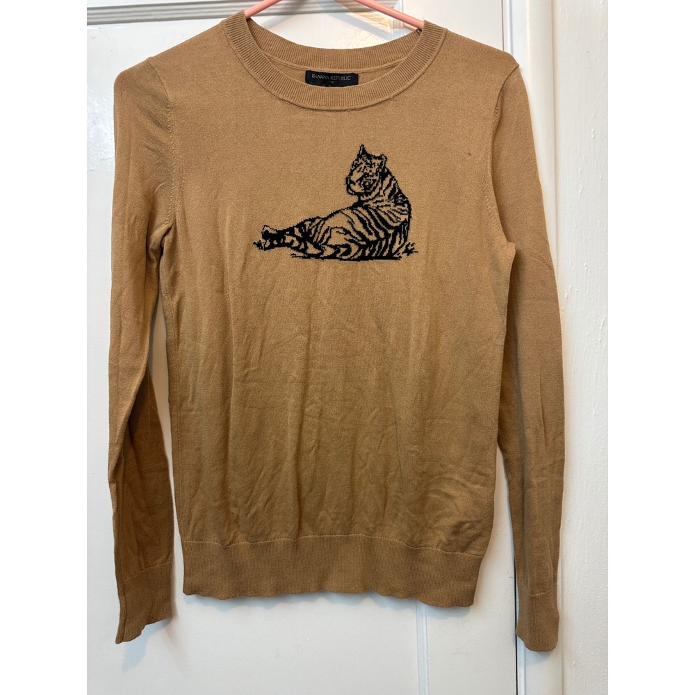 Banana Republic Womens XS Tan Cotton Tiger Graphic‎ Crewneck Sweater Long Sleeve